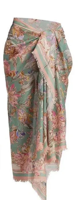 Women's creamy-white floral bikini set with matching skirt bottom