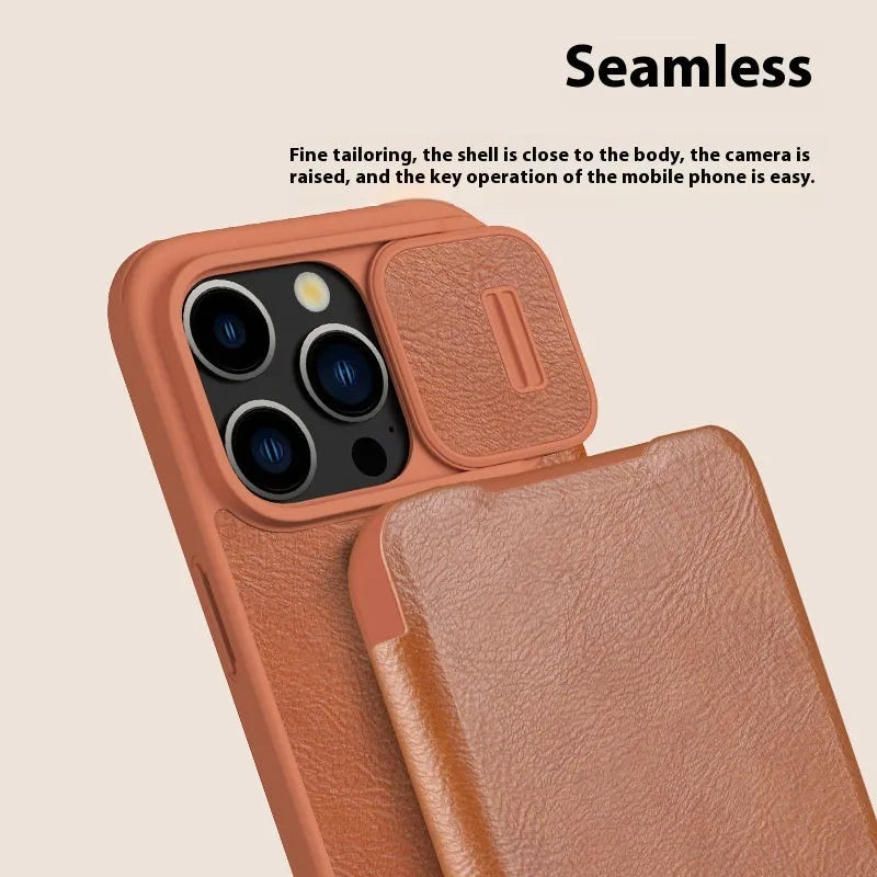 iPhone 15 imitation leather flip case in black, brown, and red colour options showing front cover design