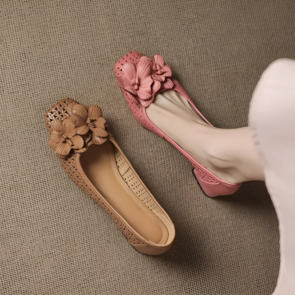 Women's light brown leather weave pumps with hollow design and mid heel on beef tendon sole