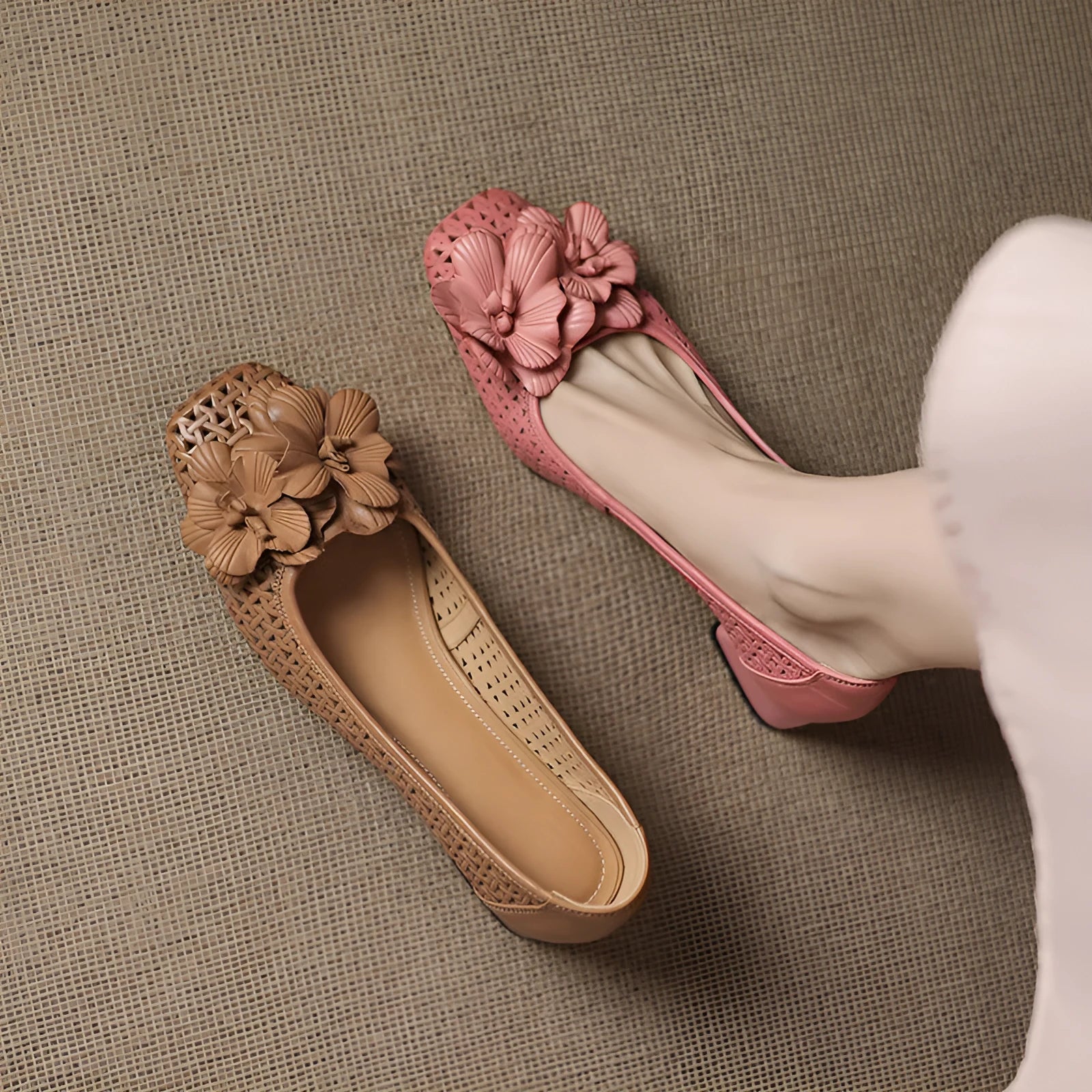 Women's light brown leather weave pumps with hollow design and mid heel on beef tendon sole