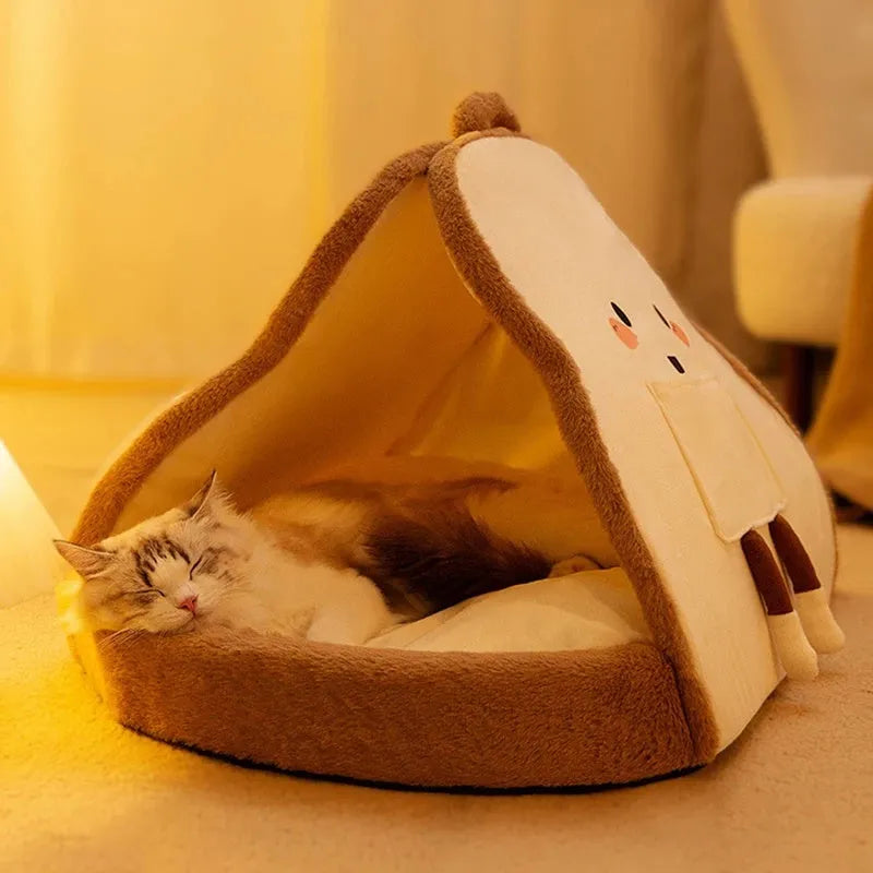 Green winter cat tent pet house with deep cave bed design and soft blanket inside.