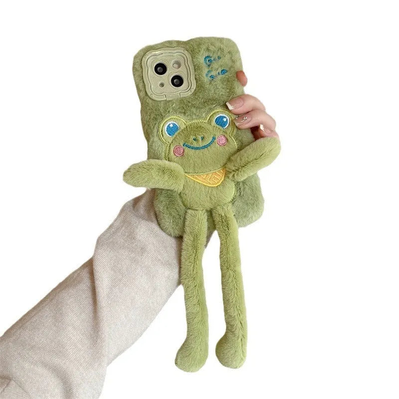 Green flannel cartoon frog phone case with pull-out wave bracket stand for Huawei and iPhone models.
