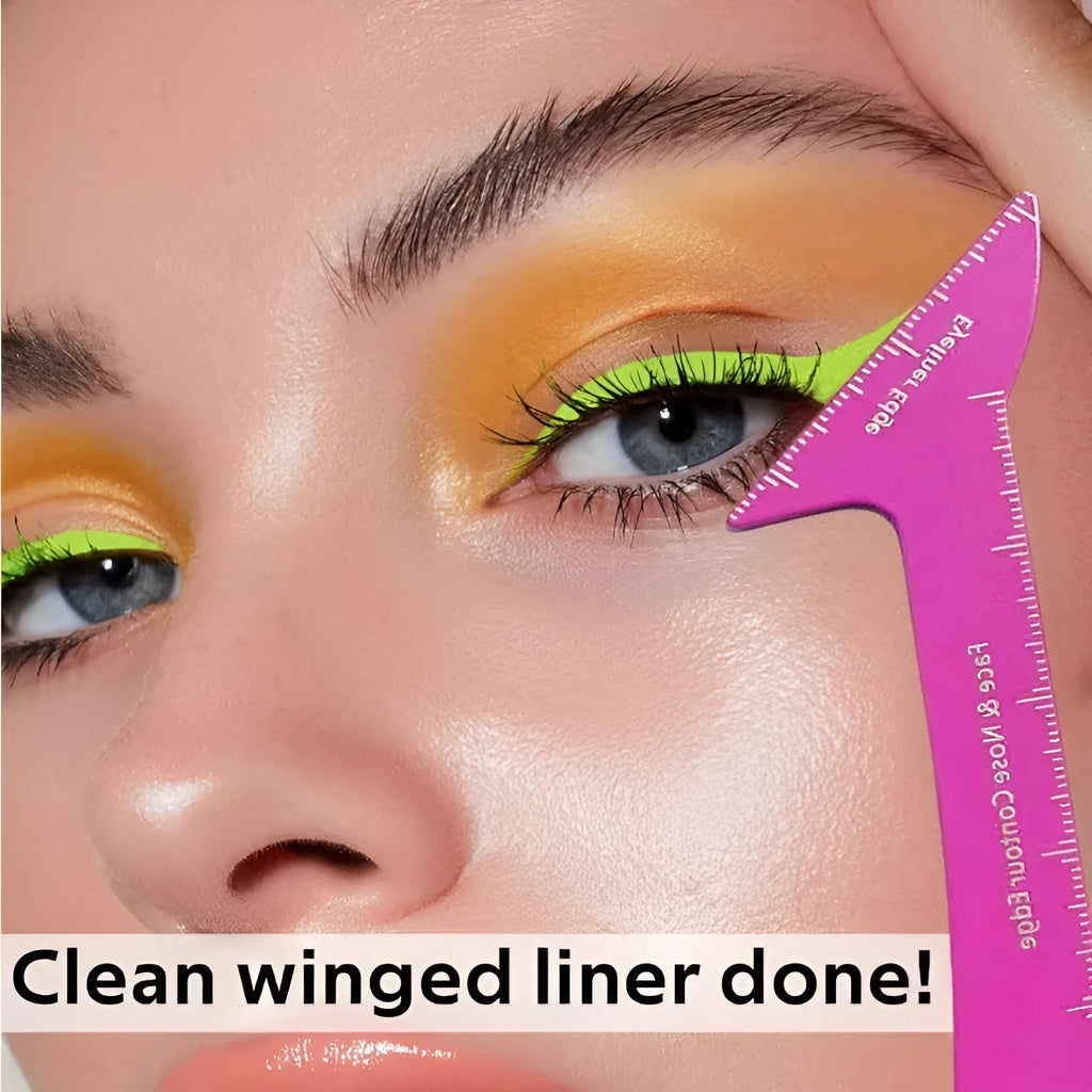 Pink and LaserFX coloured 3-in-1 reusable eyeliner stencil tool for hooded eyes on a clean surface.
