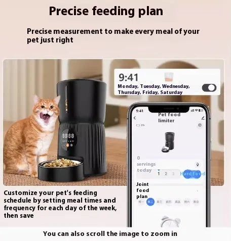 Black and white intelligent pet feeder with automatic timer and USB power cable