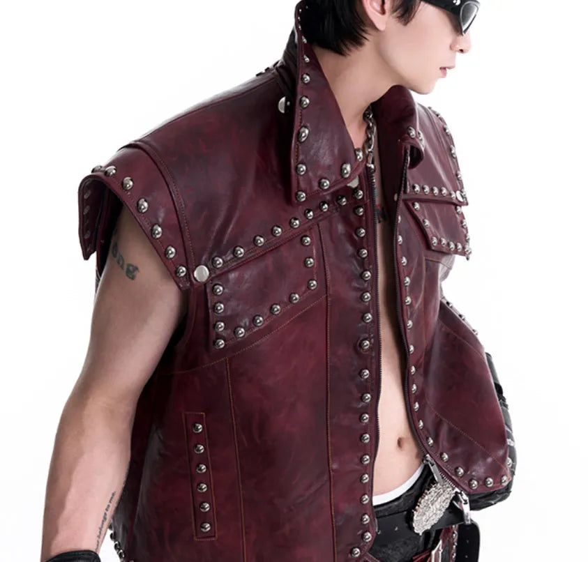 Red special-interest heavy industry rivets leather vest coat set with lapel collar and matching pants