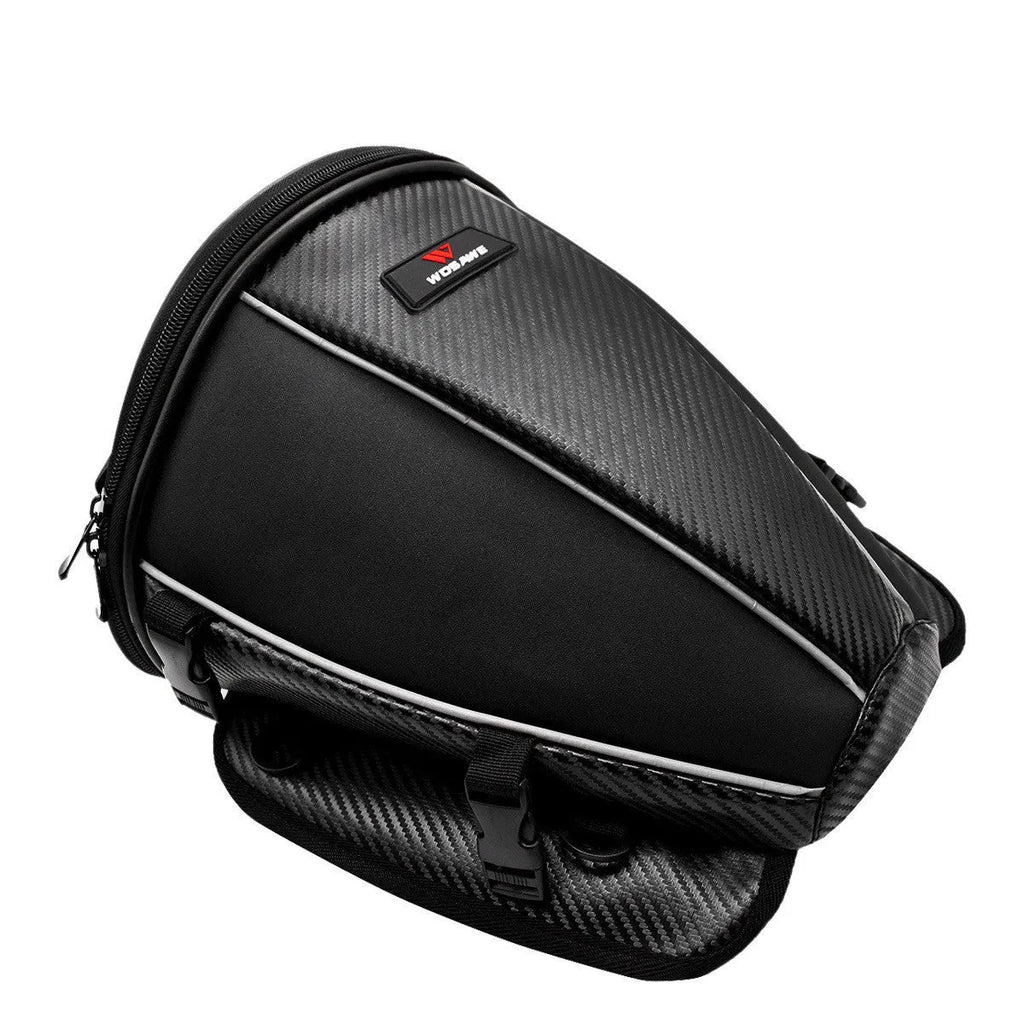 Black waterproof motorcycle crossbody bag with reflective strips and multiple pockets