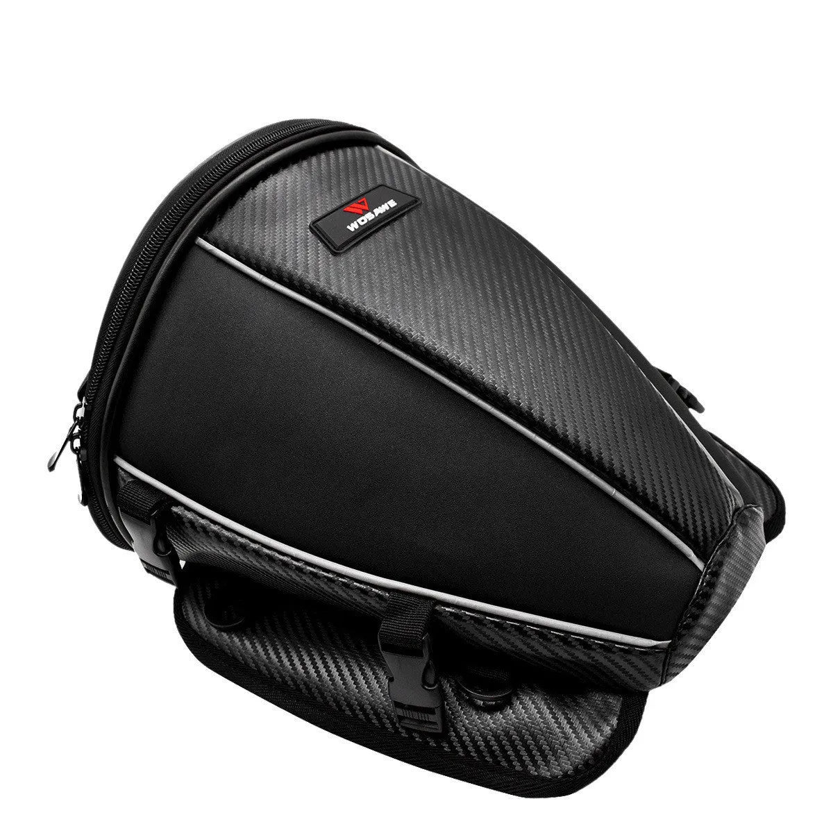 Black waterproof motorcycle crossbody bag with reflective strips and multiple pockets