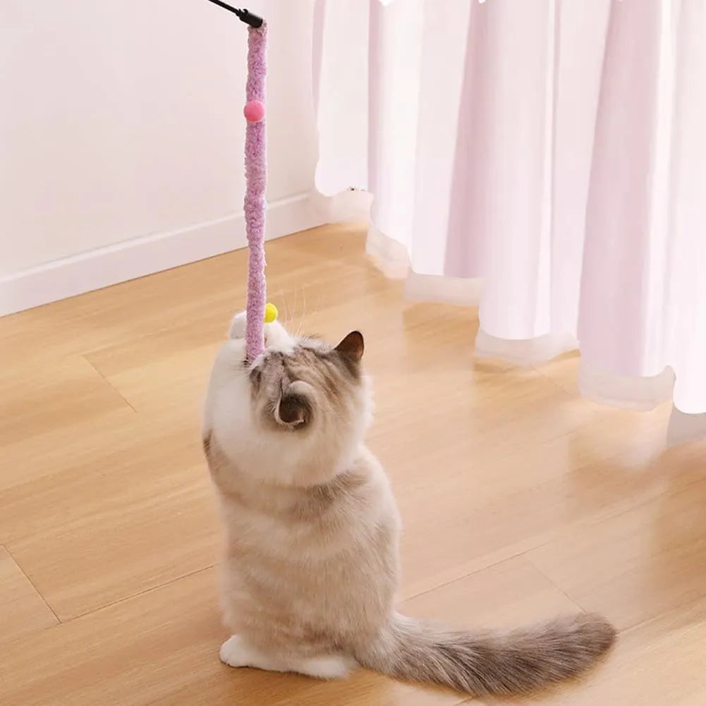 Blue interactive cat wand toy with long plush strip and fluffy bell ball on a pole.