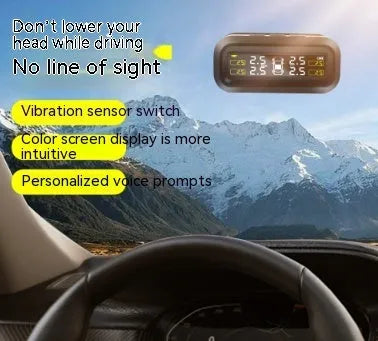 Solar wireless car tyre pressure monitoring system with colour screen display and four external sensors.