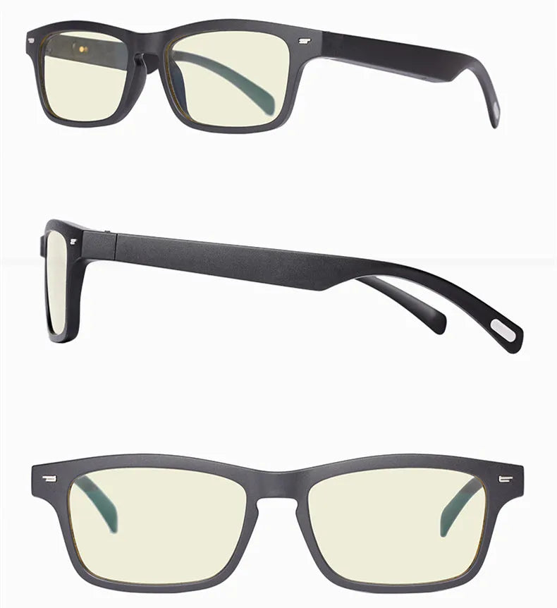 Semi-open Bluetooth smart glasses with PC+ABS frame on a glasses case.
