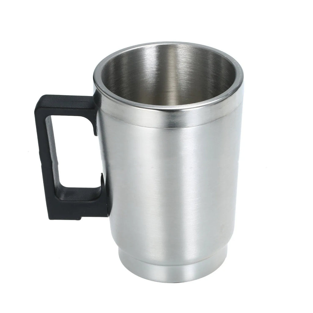 Stainless steel headlamp repair cups with elbow and funnel covers next to GB/US and European power adapters