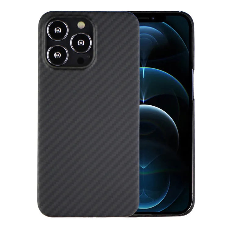 Dull Black Kevlar fibre iPhone case with Volcanic Crater texture, shown from the back.