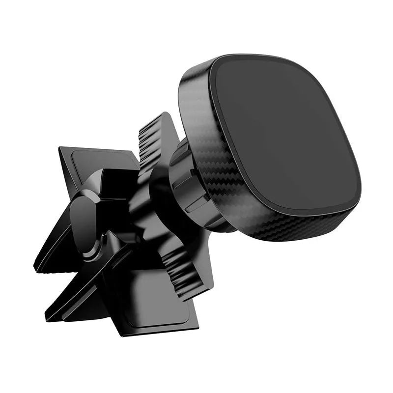Black magnetic car phone holder mounted on a vehicle air vent, showing square head design.