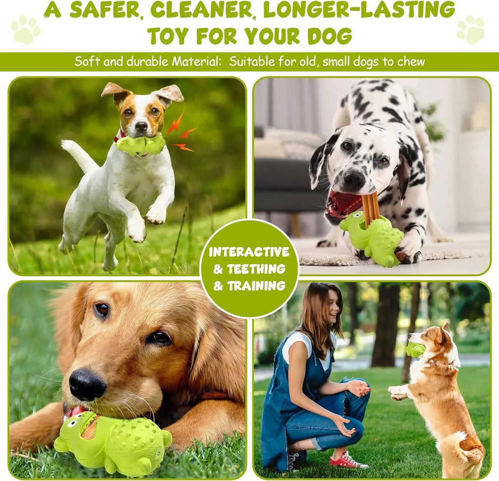 Green or yellow thick natural rubber squeaky dog toy for large breed aggressive chewers.