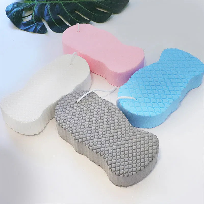 3D fish scale pattern bath sponge ball in white, grey, pink or light blue colours for gentle body exfoliation