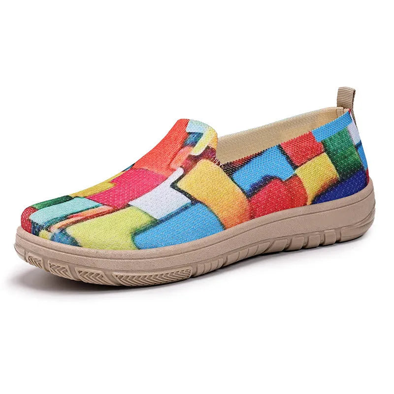 Plus size women's colour-blocking canvas slip-on pumps in YX22 rainbow colour, low top flat heel