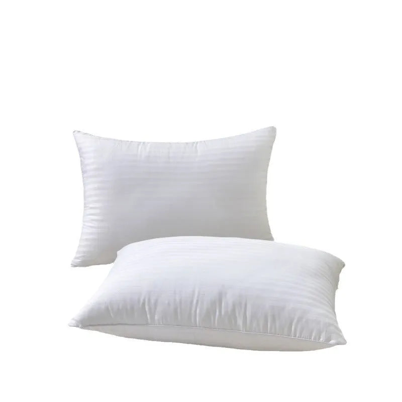 White cotton satin stripe feather pillow showing three size options and loft variations