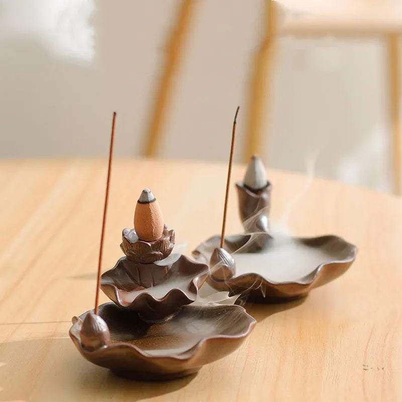 Ceramic reverse flow incense burner with Chinese purple clay crafts design and square base