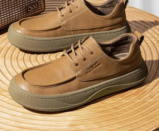 Men's brown retro-style leather casual shoes with a big toe design and visible stitching.