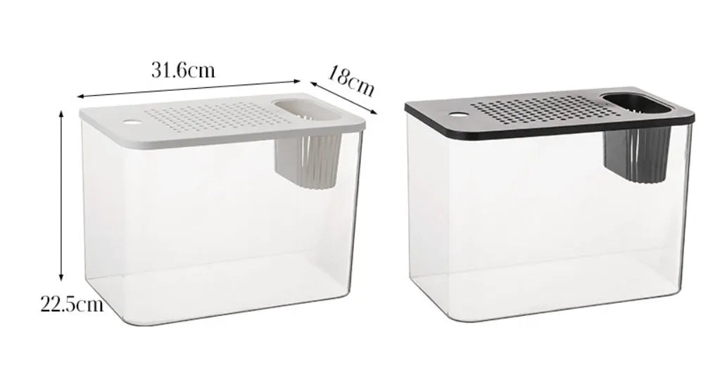 Compact black plastic betta fish tank with a clear cover on a wooden desk.