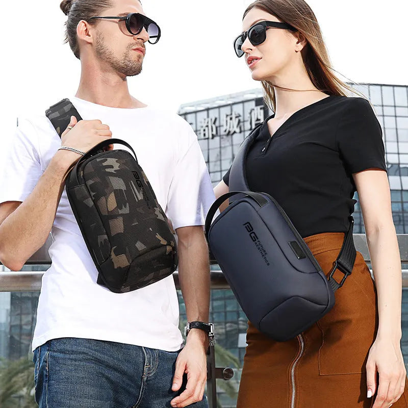 Men's black casual shoulder bag with USB port for business travel, made from Oxford cloth.