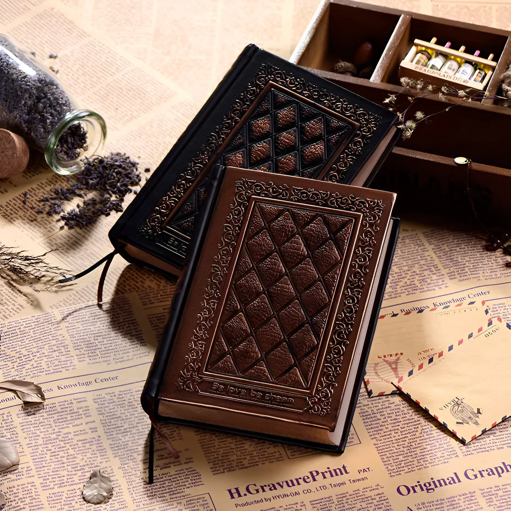 A5 embossed faux leather notepad with three-dimensional cover in bronze colour