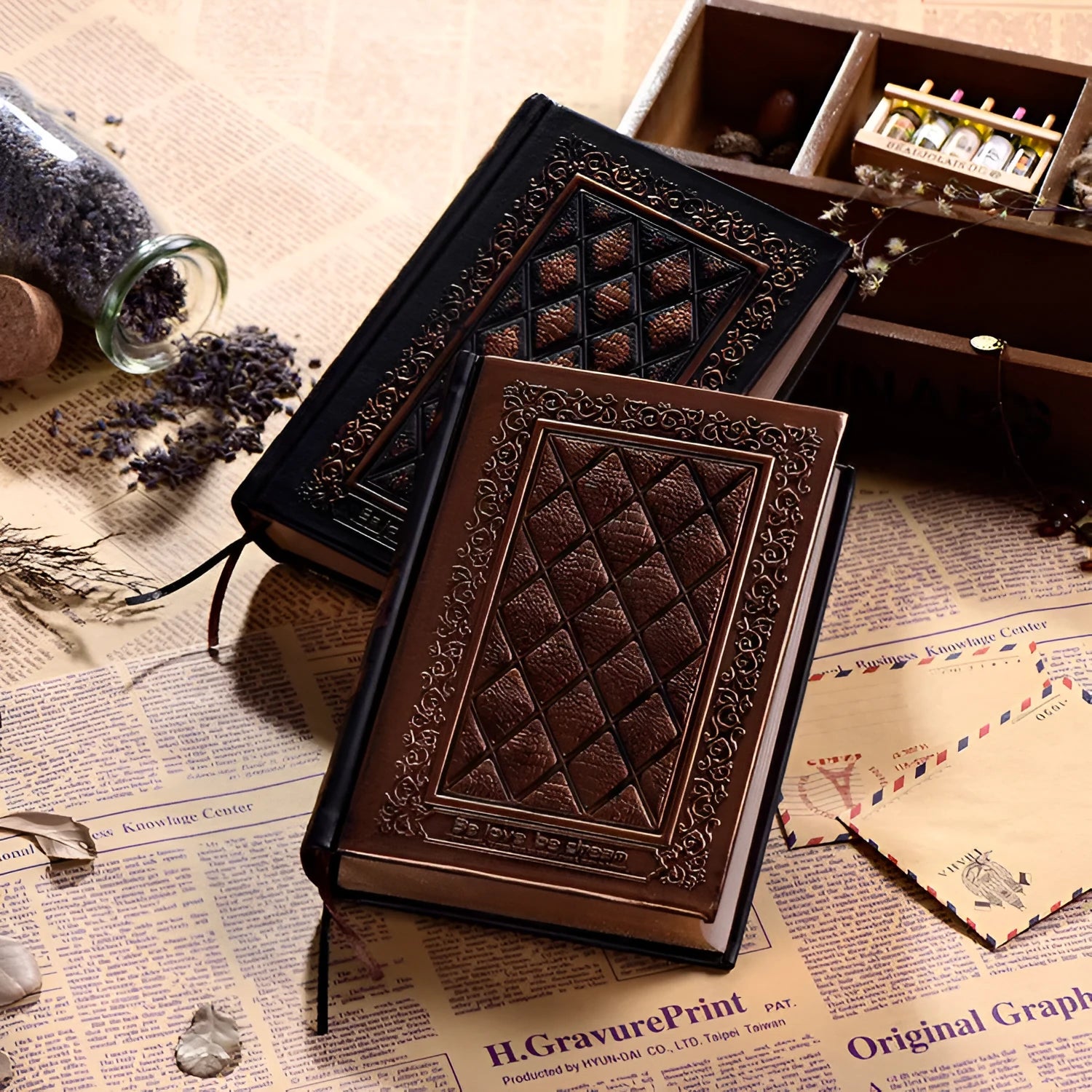 A5 embossed faux leather notepad with three-dimensional cover in bronze colour
