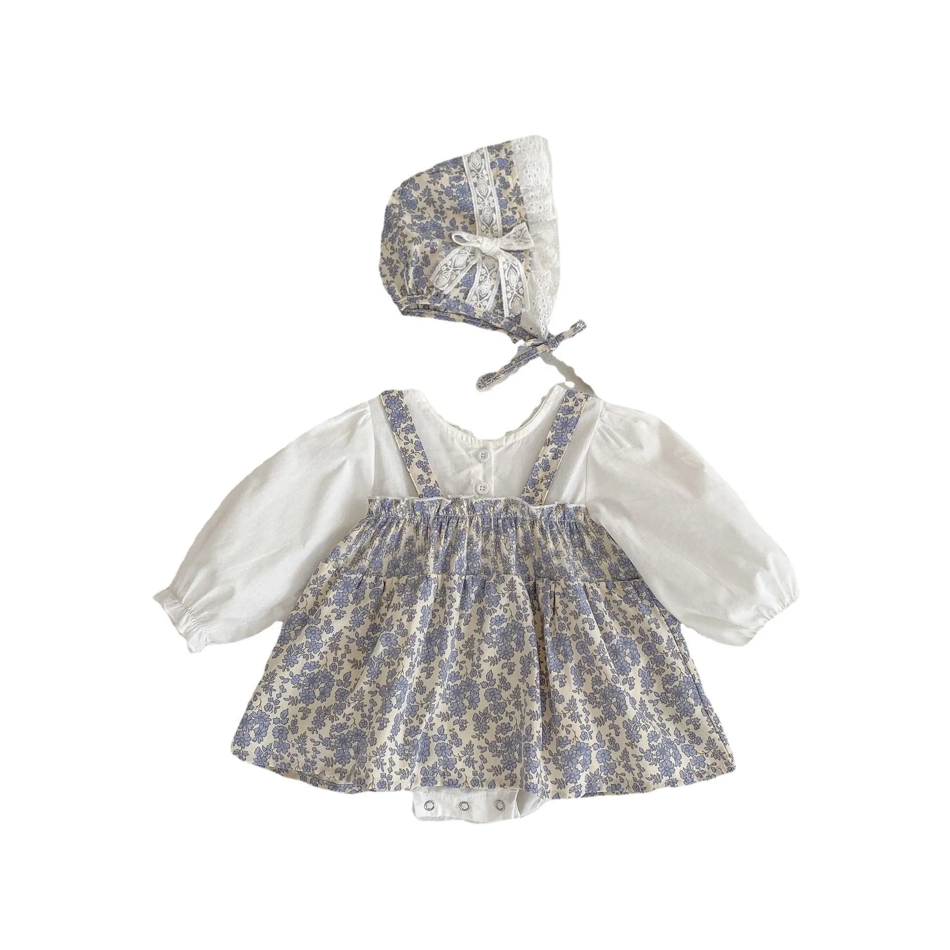 White cotton baby girl floral princess fake two triangle romper with removable hood, long sleeves, front view
