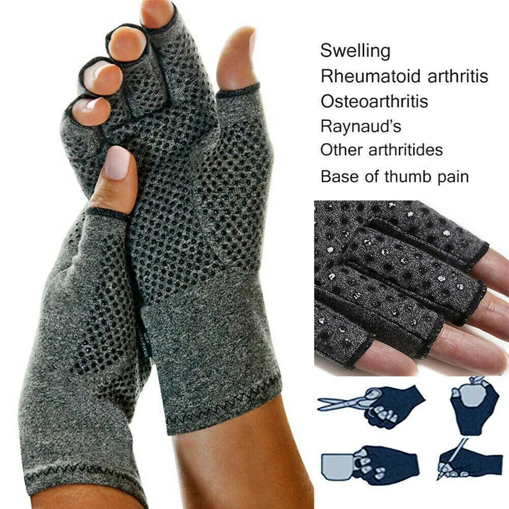 Grey half-finger compression gloves with anti-slip silicone dots on palms