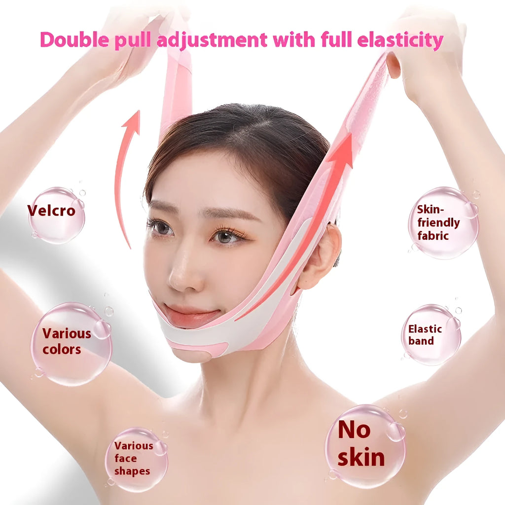 Pink elastic V-shaped face bandage with adjustable black velcro strap on a white background.