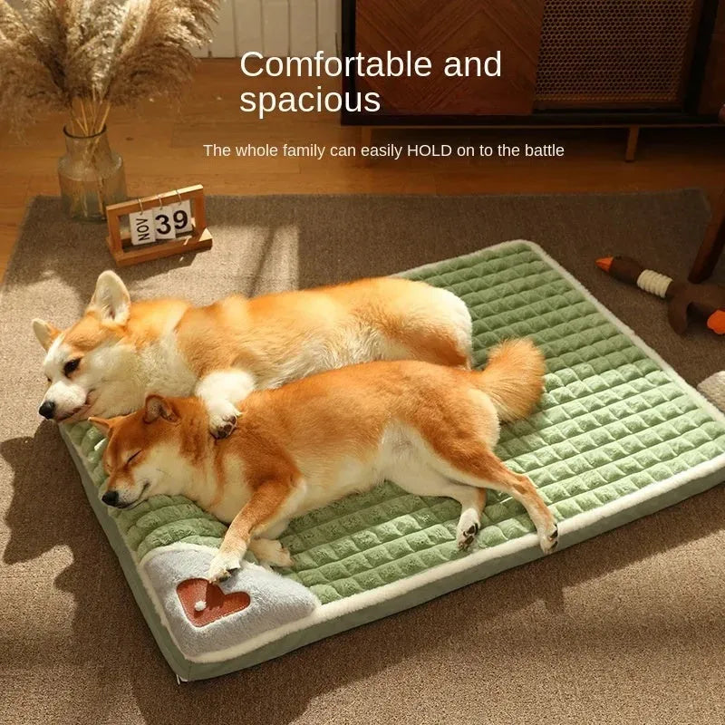 Large rectangular dog bed mat with a removable cover in a grey colour on a wooden floor.