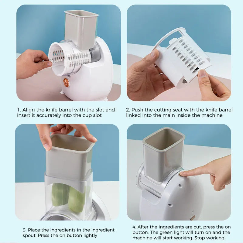 White electric vegetable slicer with multiple blades on suction base for kitchen use