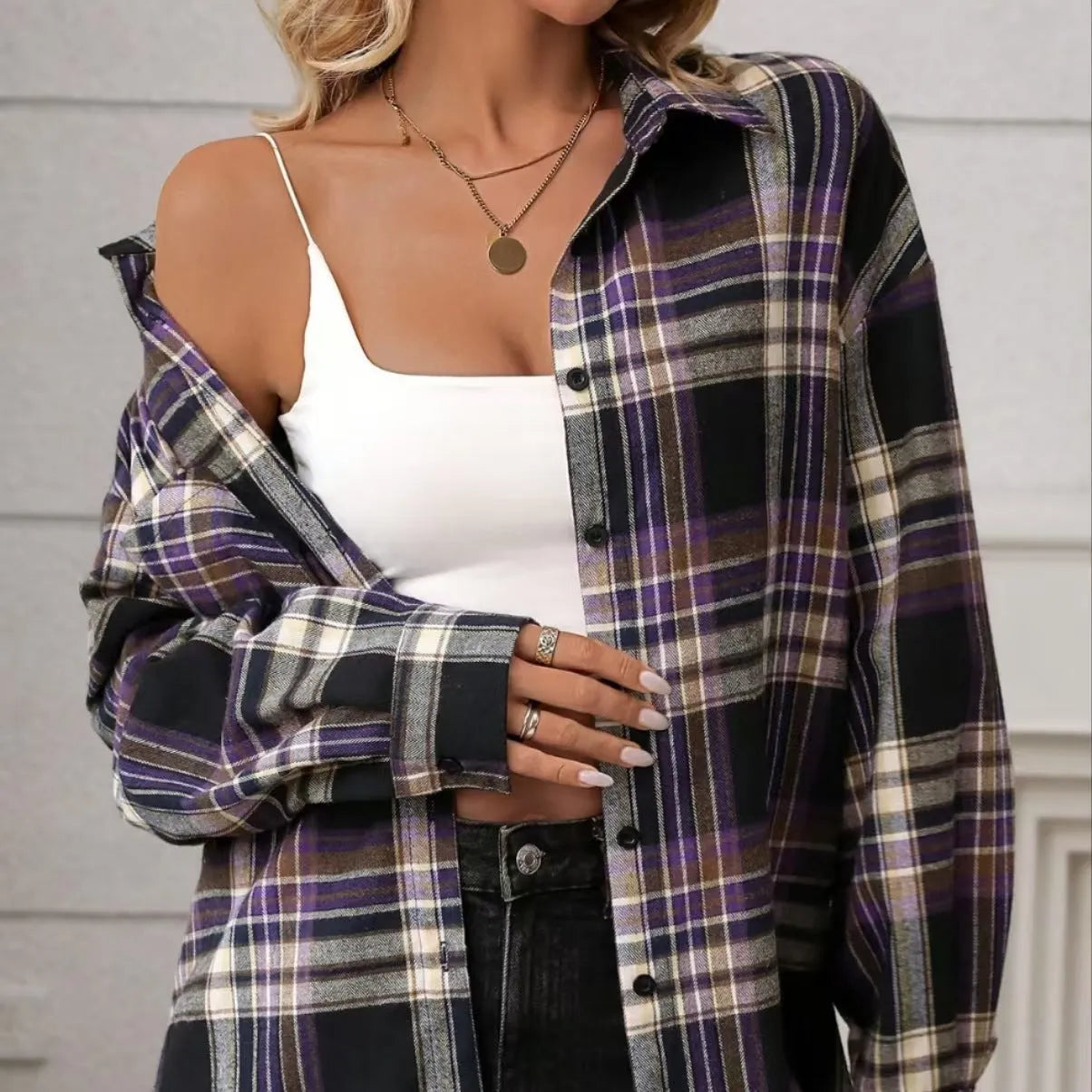 Women's casual loose retro plaid cotton shirt in black green purple colours