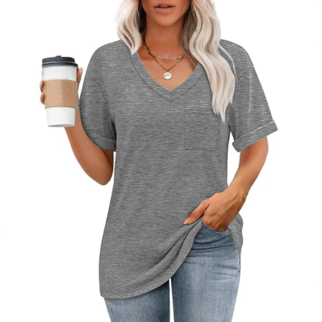 Grey loose fit V-neck short sleeve t-shirt with a chest pocket on a solid background.