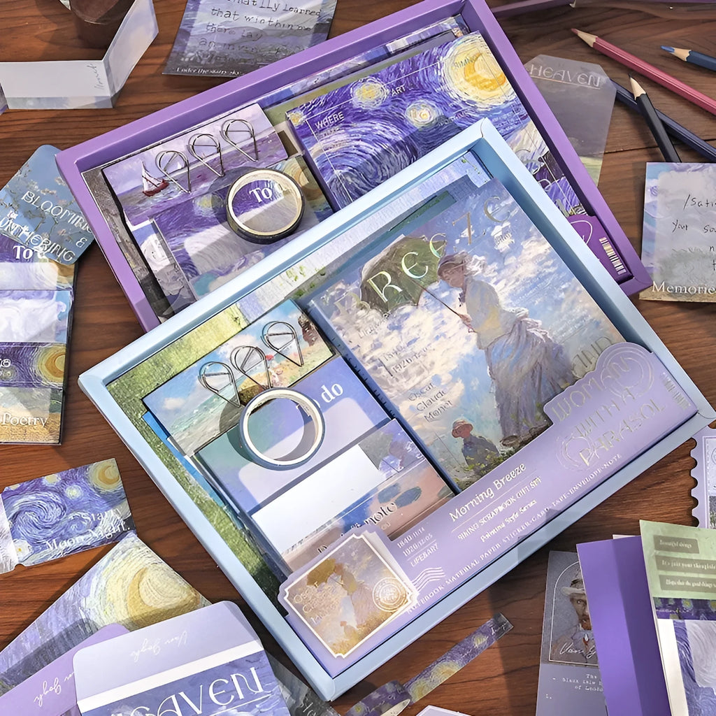 A6 grid creative journal gift box with retro plaid design showing notebook, cards, paper frames, stickers, and stationery accessories