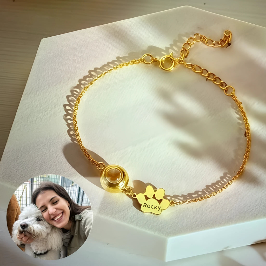Titanium steel pet paw print cuff bracelet with chain and cat claw elements in gold finish