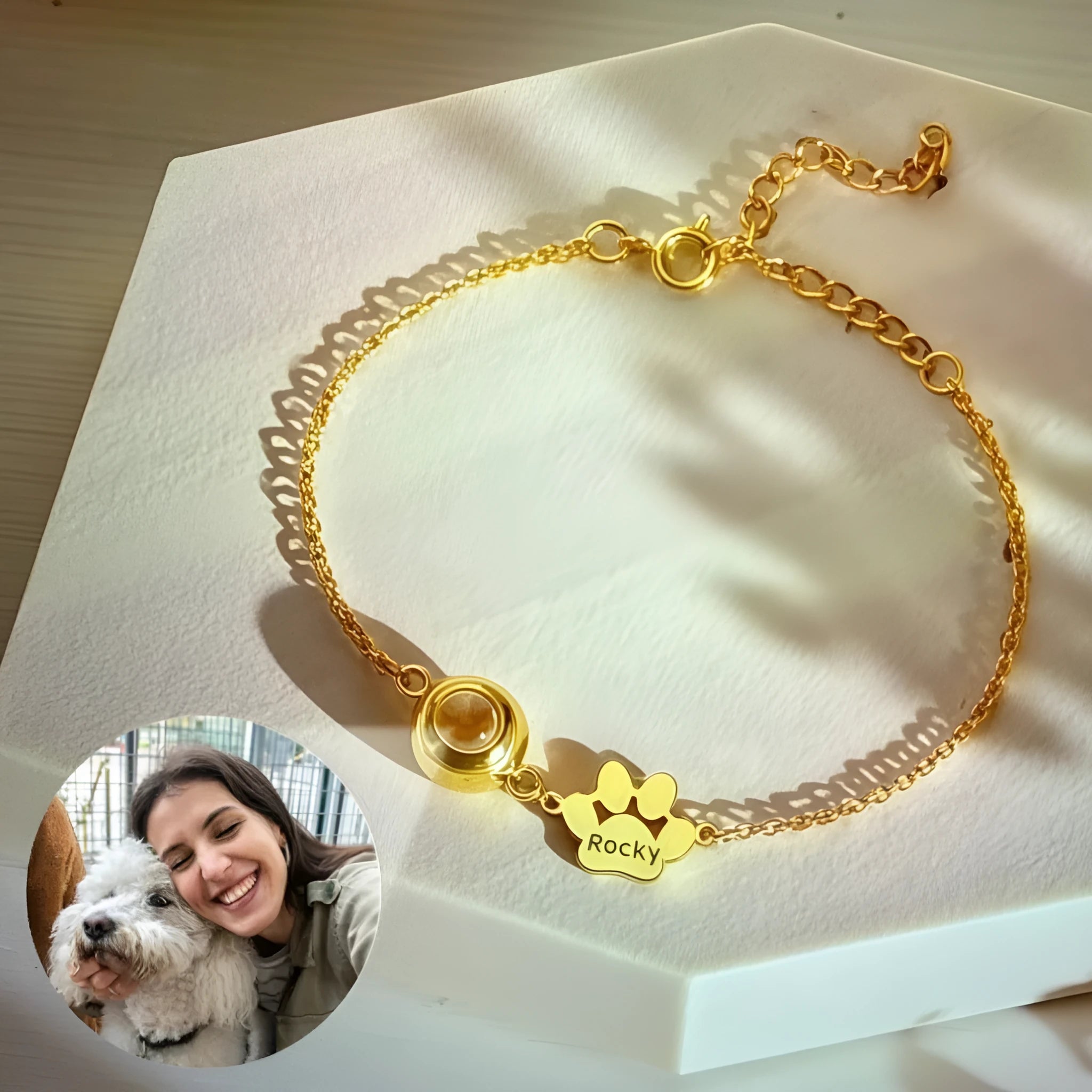 Titanium steel pet paw print cuff bracelet with chain and cat claw elements in gold finish