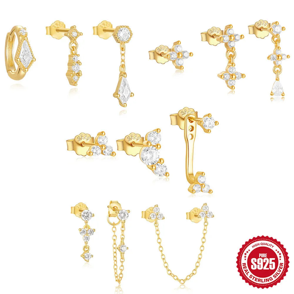 S925 sterling silver geometric zircon tassel earrings in gold tones, 3-piece set for women