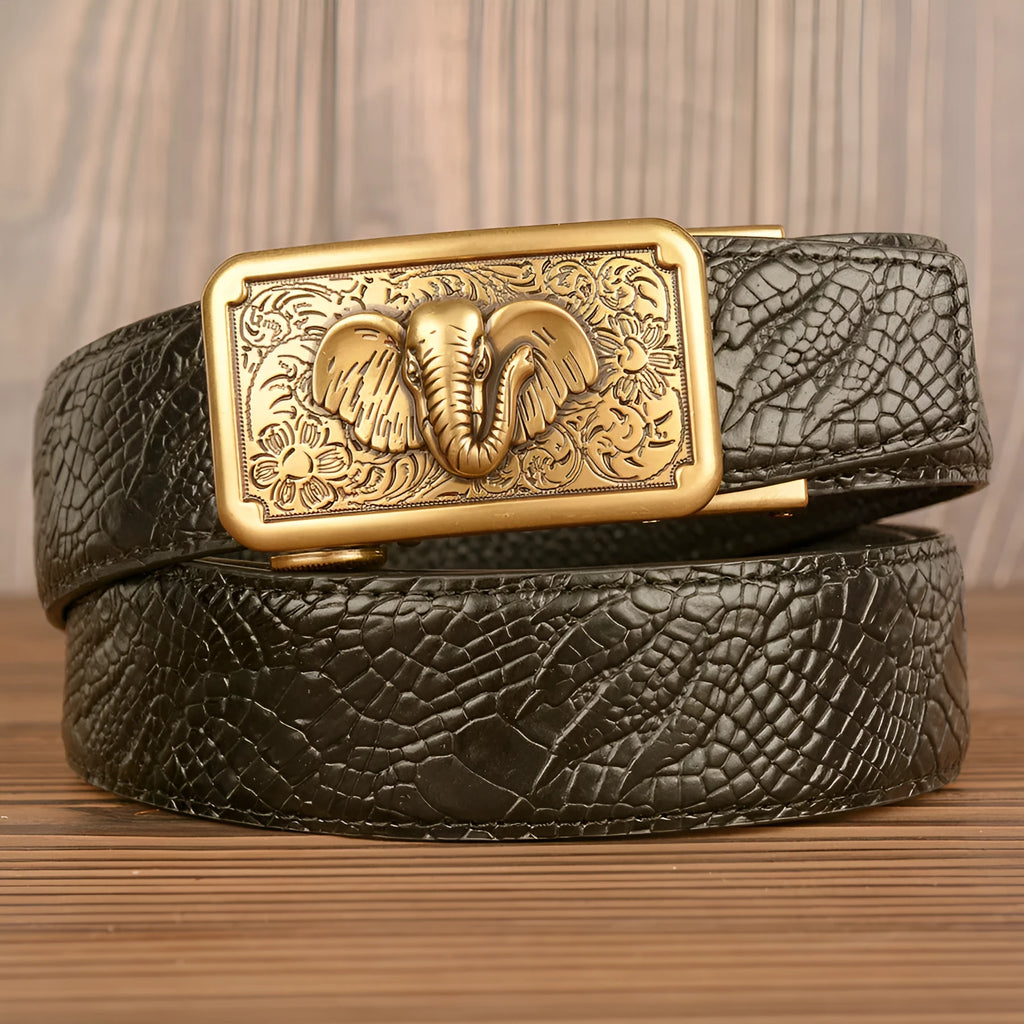 Men's automatic buckle belt, cowhide leather, black alligator pattern, gold alloy buckle, 110-125cm length