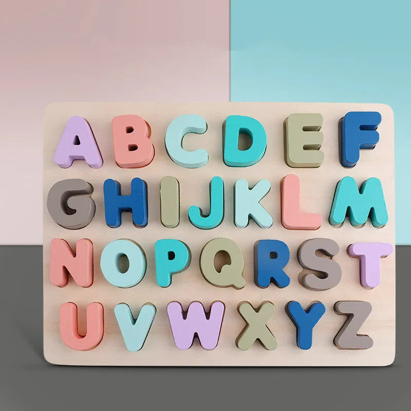 Children's wooden jigsaw puzzle macaron shape recognition board with grab pieces on a table