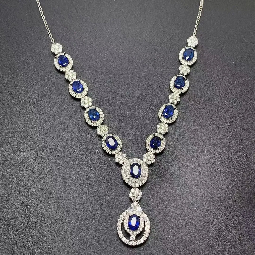 925 silver necklace with natural Sri Lankan sapphire and white gold colour geometric pendant