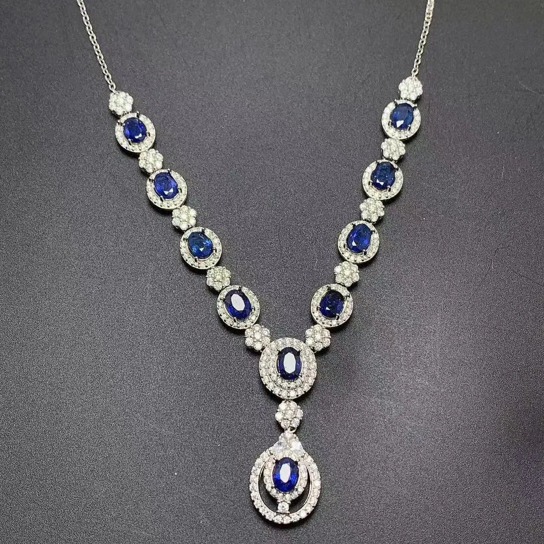 925 silver necklace with natural Sri Lankan sapphire and white gold colour geometric pendant