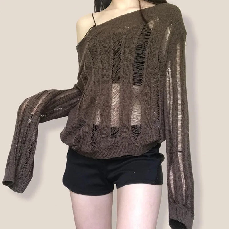 Women's crew neck long sleeve loose hollow-out acrylic sweater in dark gray, front view
