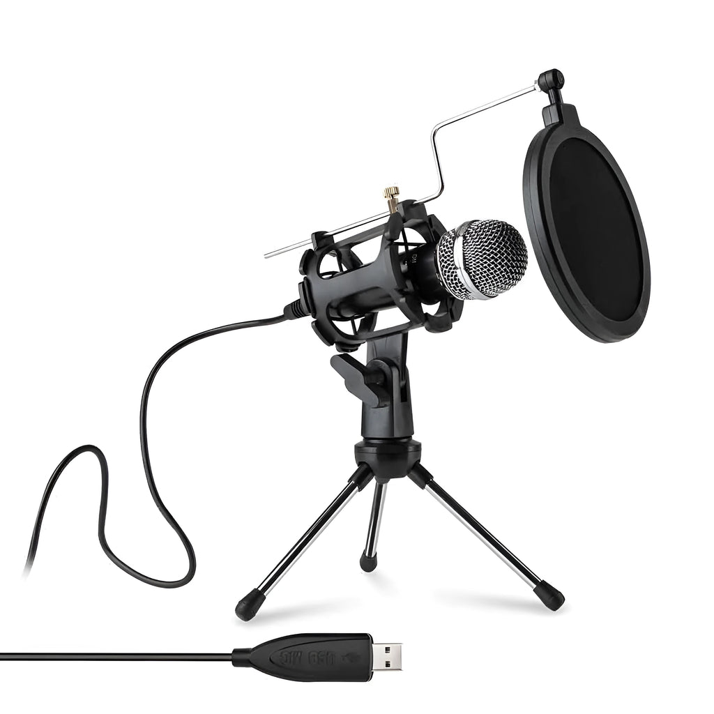 Black desktop omnidirectional microphone with metal mesh grille and 2m cable on a desk