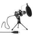 Black desktop omnidirectional microphone with metal mesh grille and 2m cable on a desk
