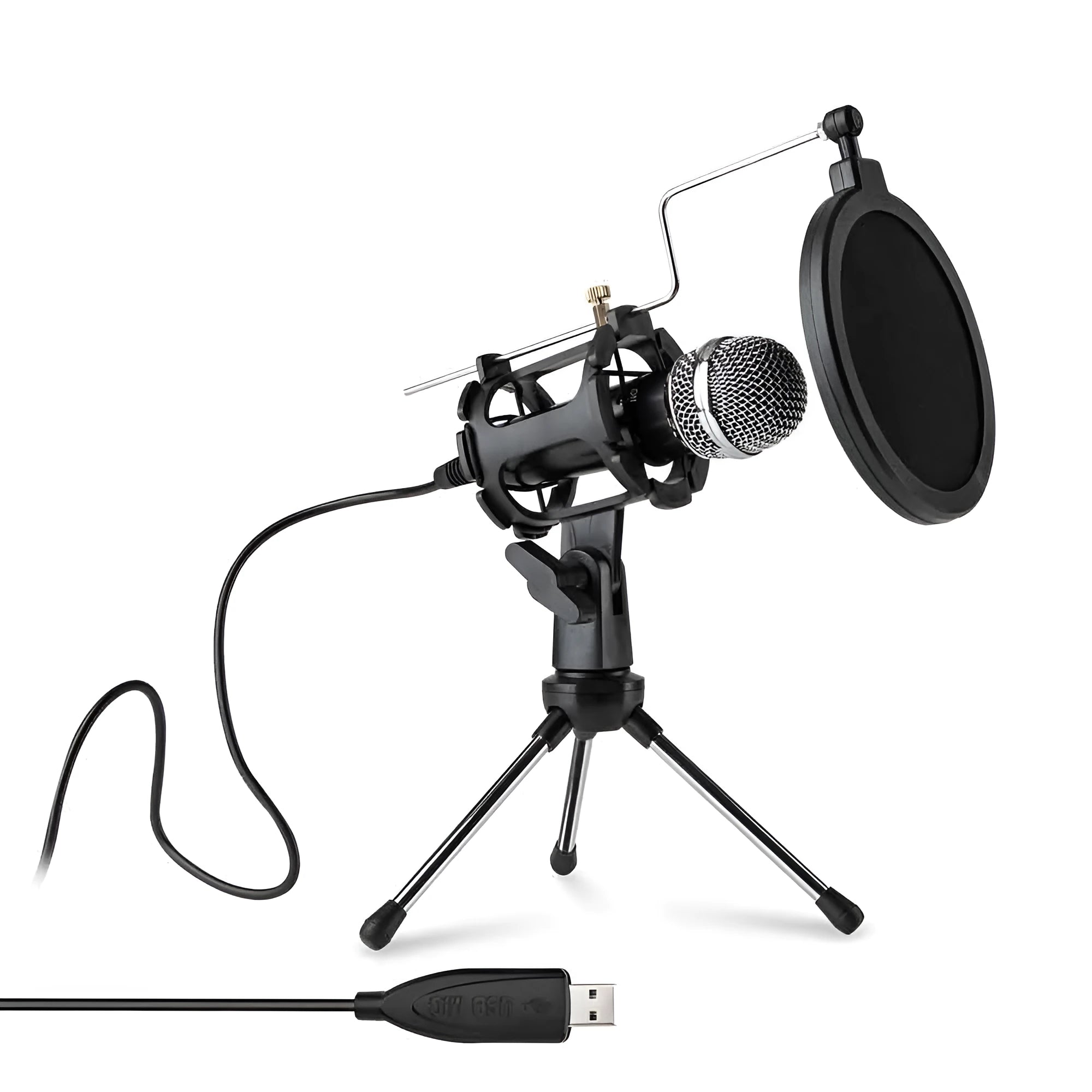 Black desktop omnidirectional microphone with metal mesh grille and 2m cable on a desk