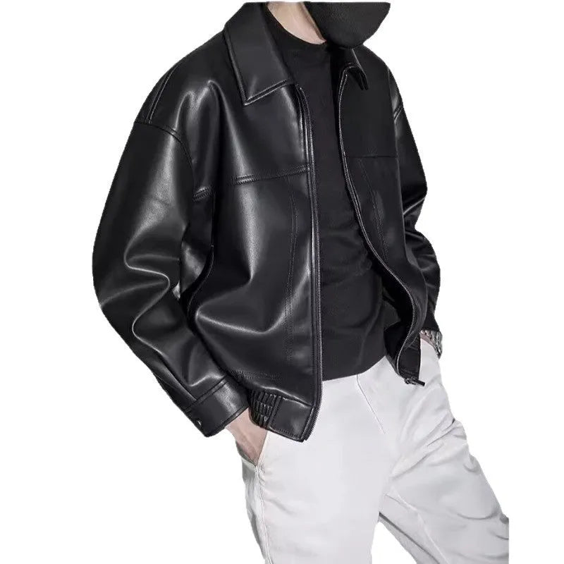 Men's lapel motorcycle jacket cotton blend slim fit black long sleeves size M to 3XL