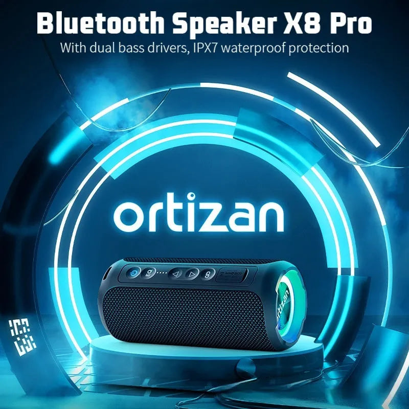 Black and blue fabric-covered wireless Bluetooth speaker with LED lights showing 40W power rating
