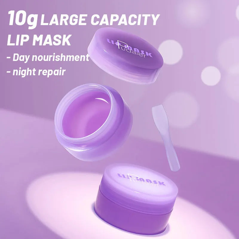 Box containing a 10ml exfoliating and moisturising lip balm with an application scraper