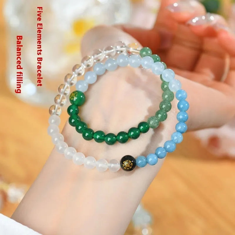 Double ring crystal bracelet with duobao beads in Five Elements colours, Chinese national style geometric design